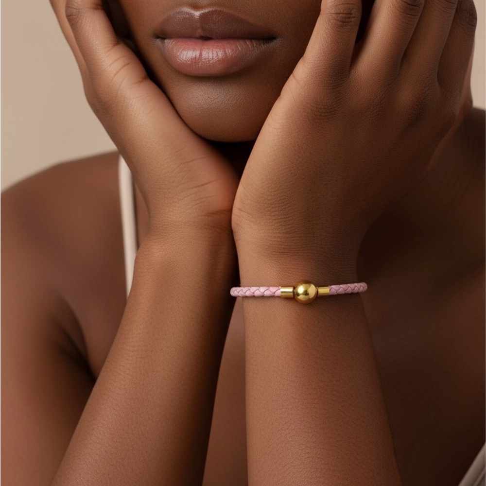 Linx Pink Leather Braided Cord Bracelet with Gold Magnetic Clasp